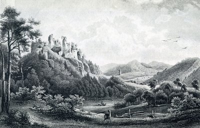 Radierung des Pfälzerwaldes bei Dahn aus dem 19. Jhd.