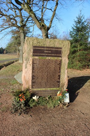 Gedenkstein vor einem Baum, davor Blumen.
